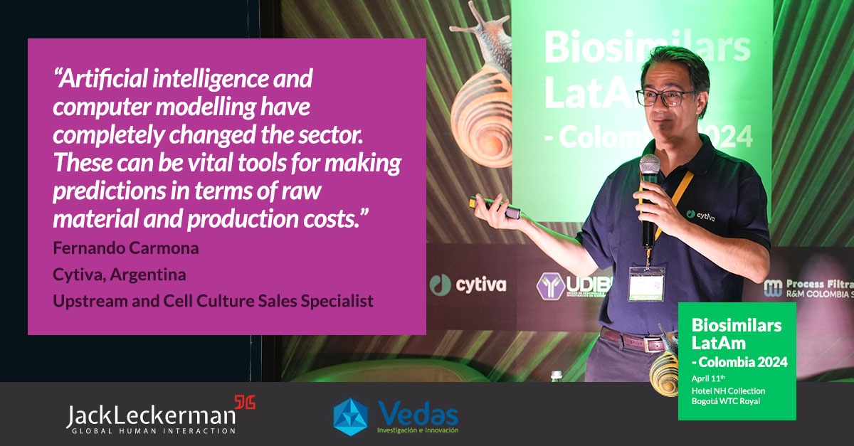 🚀 Fernando Carmona at #BiosimilarsLatAm - #Colombia2024, leveraging artificial intelligence & computer modeling for bioreactor platform optimization. Let's harness the power of technology to drive innovation in biopharmaceuticals! @Cytiva #Biosimilars #AI #PredictiveAnalytics