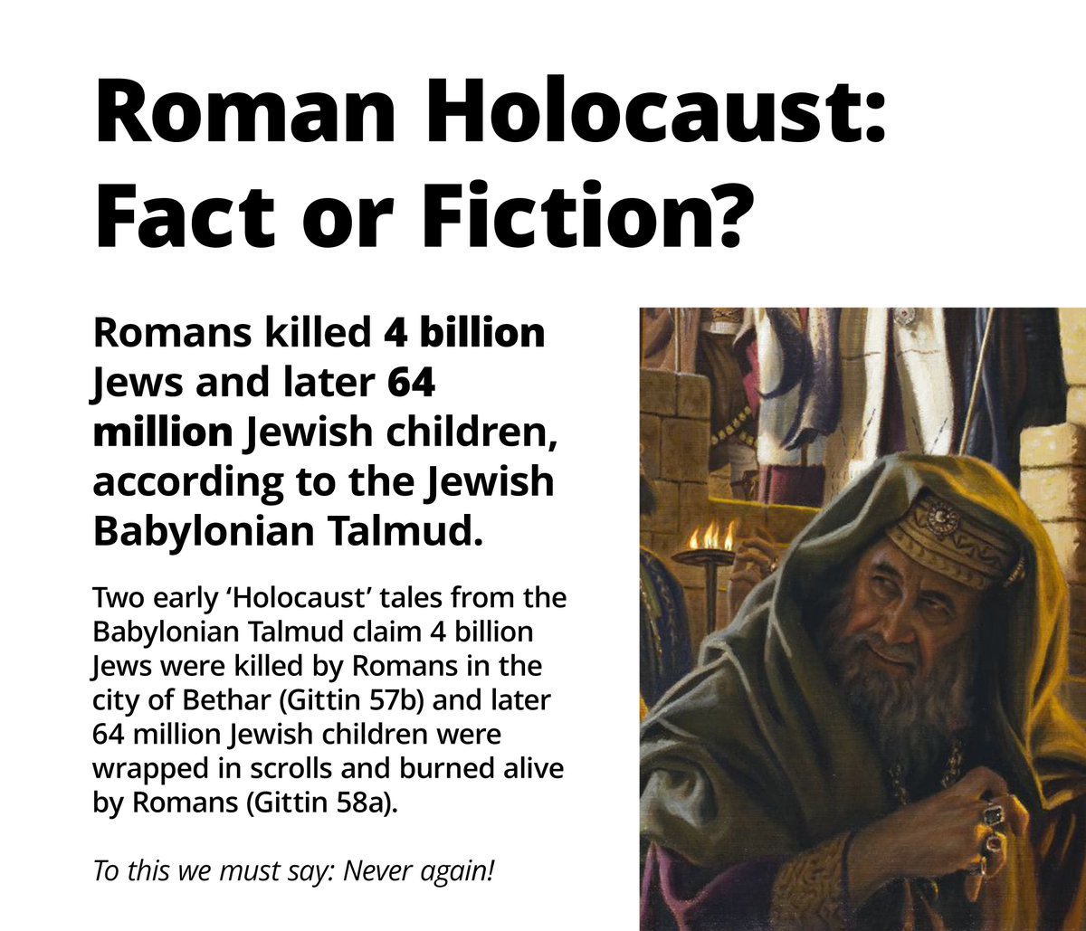 Did you know there are two early “Halocaust” tales from the Jwish Babylonian Talmud? They say 4 billion Jws were killed by Romans and later 64 million Jwish children were wrapped in scrolls and burned alive. Fact or fiction? Src. Chabad.org; Come-and-hear.com
