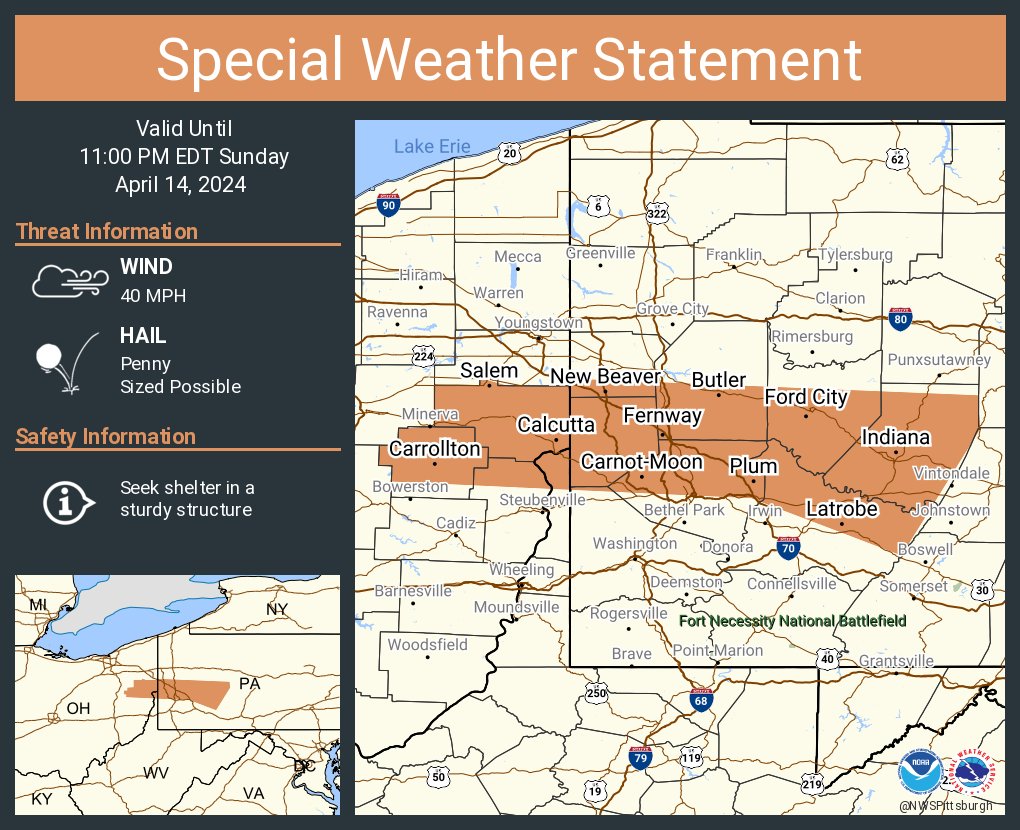 A special weather statement has been issued for Plum PA, Allison Park PA and  Murrysville PA until 11:00 PM EDT