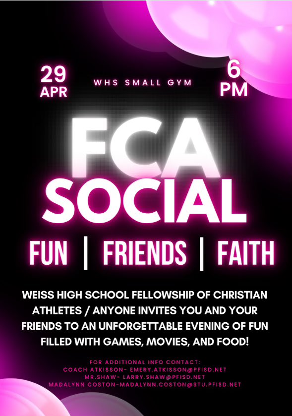 Weiss FCA (@weiss_fca) on Twitter photo We are so excited to announce our FCA social happening APRIL 29! Join us and bring your friends to a night full of Fun, Friends, and Faith!!!
P.S. Middle schoolers are welcome!! We are so excited to announce our FCA social happening APRIL 29! Join us and bring your friends to a night full of Fun, Friends, and Faith!!!
P.S. Middle schoolers are welcome!!