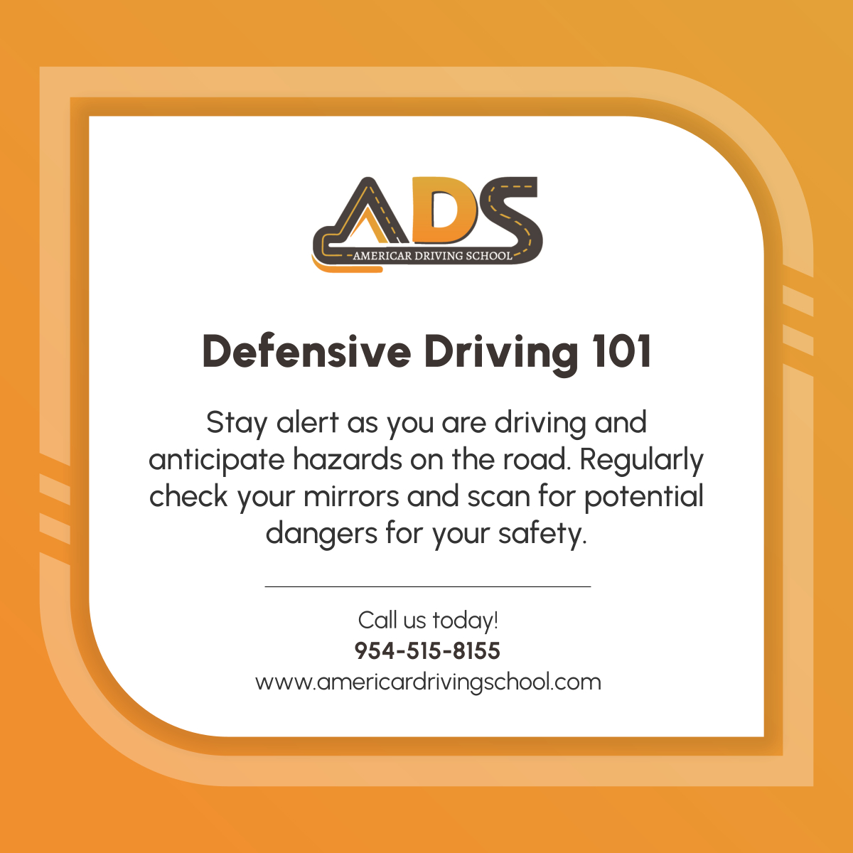 Learn the essentials of defensive driving to stay safe on the road. Stay alert and scan your surroundings! 

#DefensiveDriving #OaklandParkFL #DrivingSchool