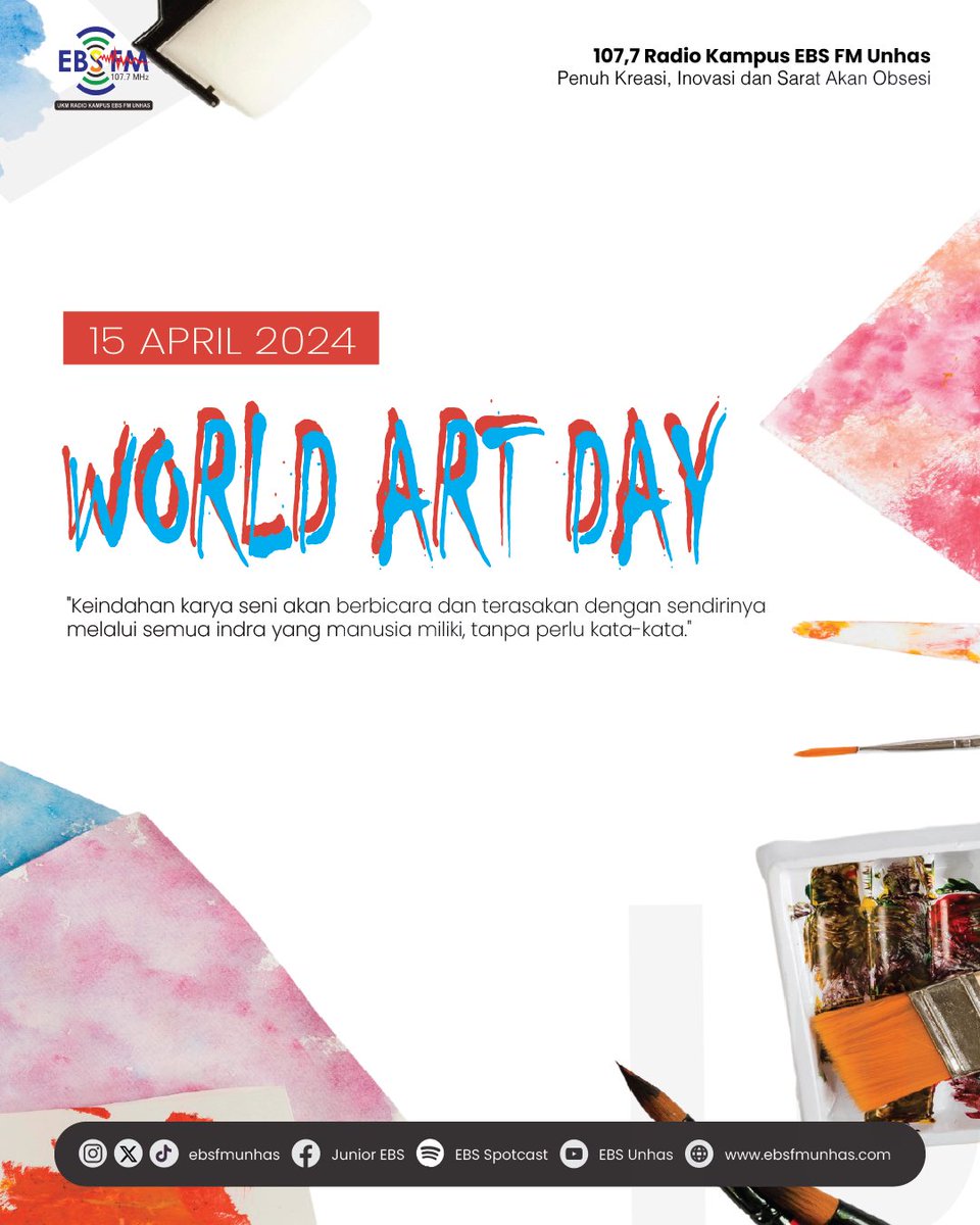 EBSFMUNHAS's tweet photo. Happy World Art Day, Akademia Makassar!👩🎨🎨
Practice any art, no matter how well or badly. To find out what’s inside you. To make your soul grow✨
#WorldArtDay2024
#EBSFMUNHAS https://t.co/jiiwuE2vCf