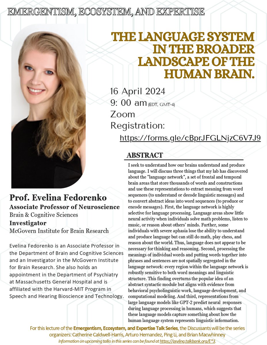 Emmanuele Chersoni (@emmanuelechers1) on Twitter photo The language system in the broader landscape of the human brain", a talk by the amazing <a href="/ev_fedorenko/">Ev (like in 'evidence', not Eve) Fedorenko 🇺🇦</a>.
Join us on Zoom tomorrow at 9 AM New York time/3 PM Rome time/9 PM Hong Kong time! The language system in the broader landscape of the human brain", a talk by the amazing <a href="/ev_fedorenko/">Ev (like in 'evidence', not Eve) Fedorenko 🇺🇦</a>.
Join us on Zoom tomorrow at 9 AM New York time/3 PM Rome time/9 PM Hong Kong time!
