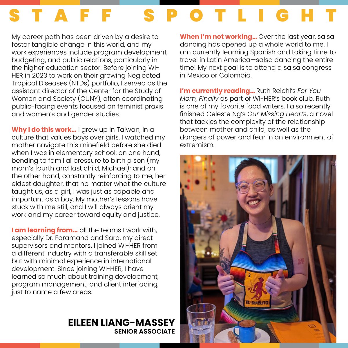 In our latest #StaffSpotlight, Eileen Liang-Massey shares what has motivated her career path, who she learns from, and where you'll find her when she's off the clock. #WhoWeAre #OurTeam #CurrentlyReading