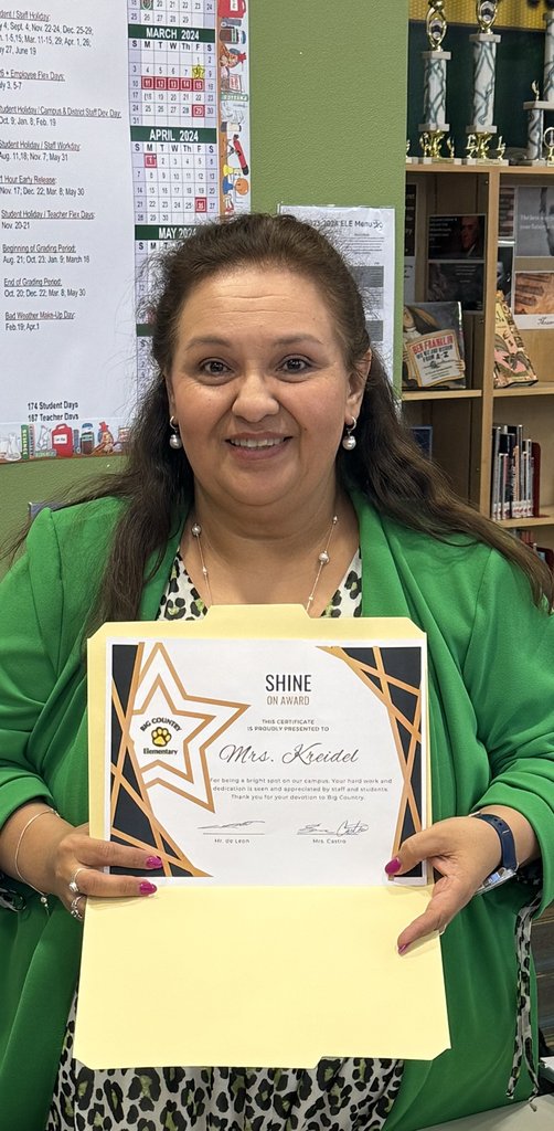 Shine On Award ⭐️ Mrs. Kreidel our amazing Academic Coach, thank you for being a bright spot on our campus. Thank you for your devotion to Big Country Elementary!