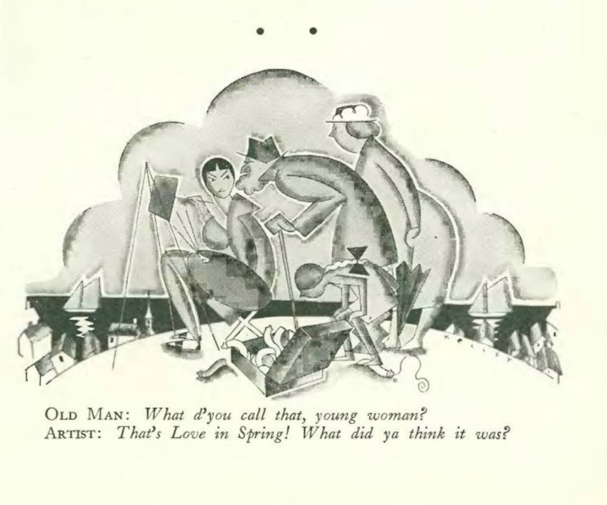 Old Man:  What d'you call that, young woman?
Artist:  That's Love in Spring!  What did ya think it was?
Eldon Kelley
The New Yorker, August 28, 1926 
Barbara Shermund:  Flirting at Sea attemptedbloggery.blogspot.com/2024/02/barbar… #EldonKelley #TheNewYorker