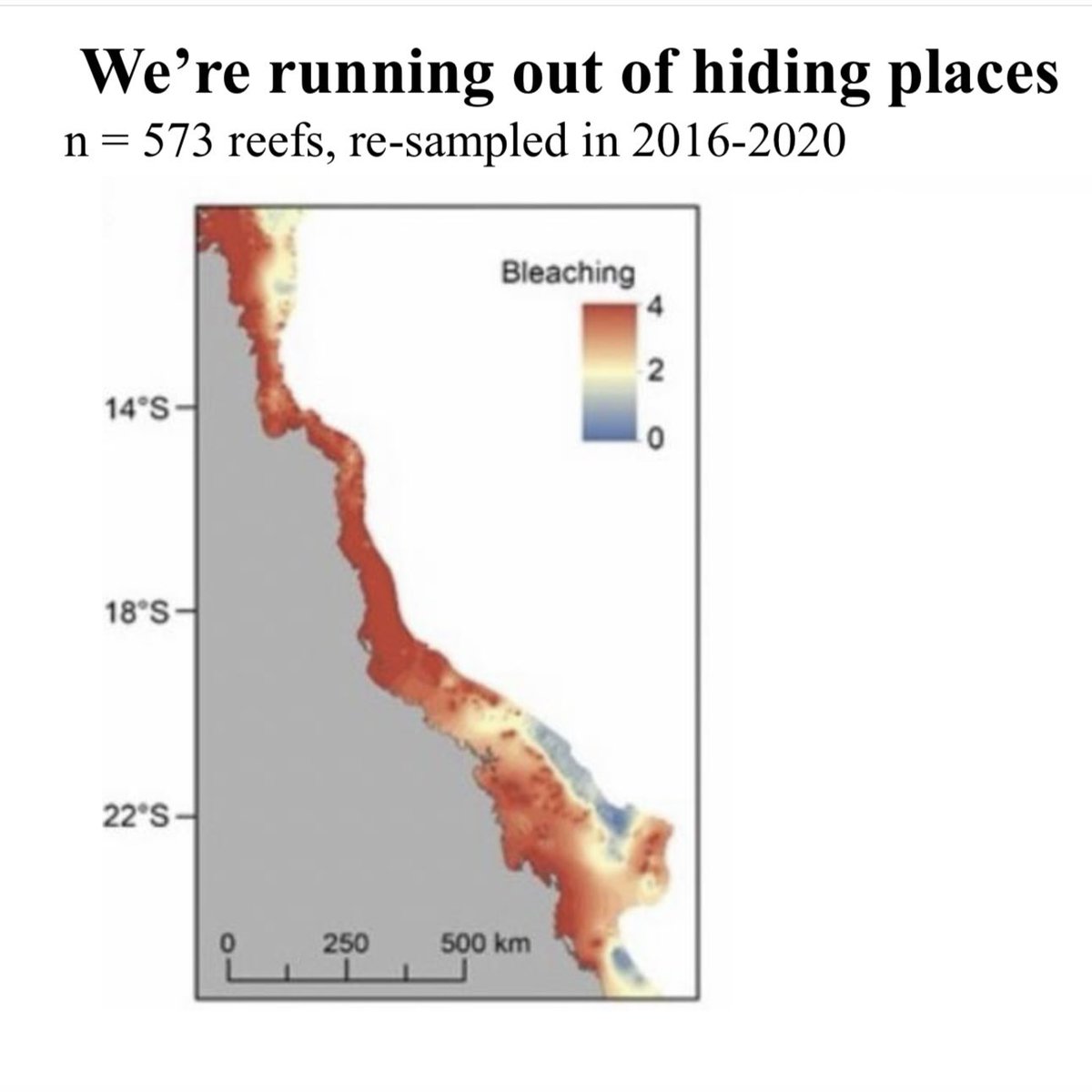 Red regions of the Great Barrier Reef experienced mass bleaching and mortality of corals at least once in 2016, 2017 & 2020 - leaving a blue “refuge” in the offshore south. Tragically, in 2024 the southern refuge is gone (link below)