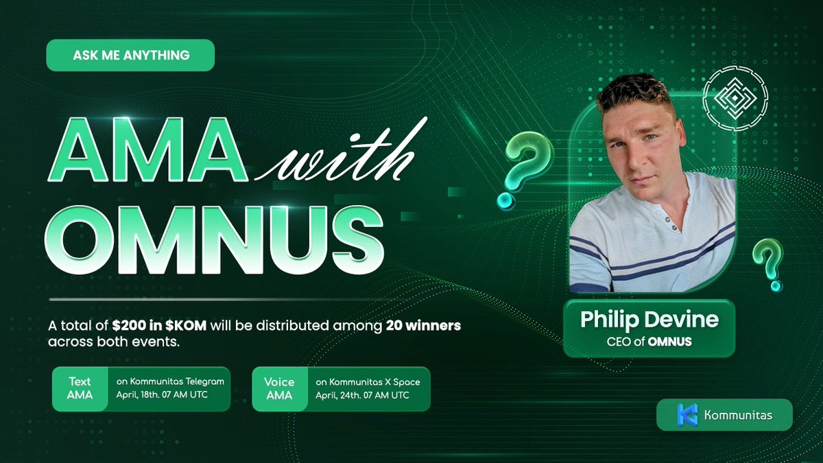 kommunitasnet's tweet photo. AMA Announcement

Kommunitas is thrilled to hold our AMA session with Mr. Philip Devine, CEO of @OMNUS_xyz 

We would like to explore how what services does Omnus, the multi-chain onboarding platform, offer to projects? And How does Omnus provide projects with access to gas-free transactions and on-chain promotional tools?

Text AMA
Date and Time: 18th April 2024, 07:00 AM UTC
Venue: https://t.co/ApirlnPOCP

Voice AMA
Date and Time: 24th April 2024, 07:00 AM UTC
Venue: https://t.co/7d7BeZtb3g

Total rewards: A total of $200 in $KOM will be distributed among 20 winners across both events

See you there!