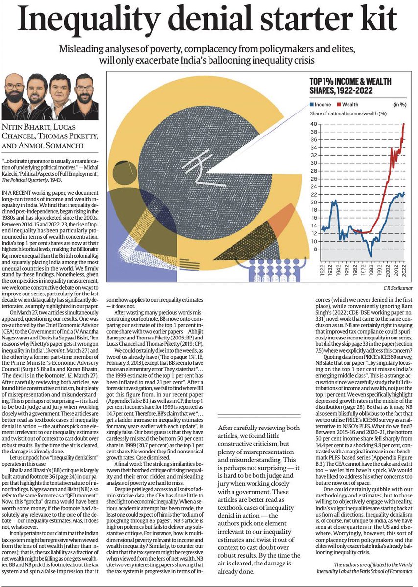 India's top 1 per cent shares are now at their highest historical levels, making the Billionaire Raj more unequal than the British colonial Raj and squarely placing India among the most unequal countries in the world. @PikettyWIL @lucas_chancel