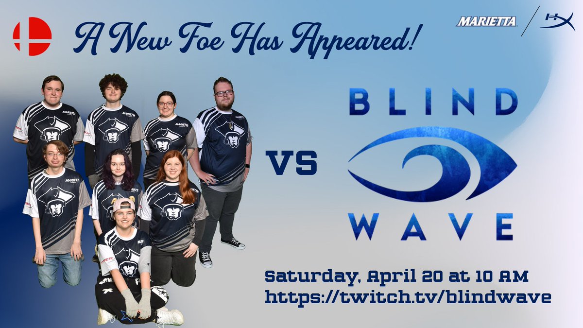 mariettaesports's tweet photo. This Saturday, our Smash Bros. team will have an exciting exhibition match against @BlindWaveCrew. Be sure to join us at 10 AM at https://t.co/n5ODqczVl3 to cheer on the Pioneers. The match will also be streamed on their YouTube channel. #PioNation #BlindWave #SmashBros https://t.co/X5gjUBernV