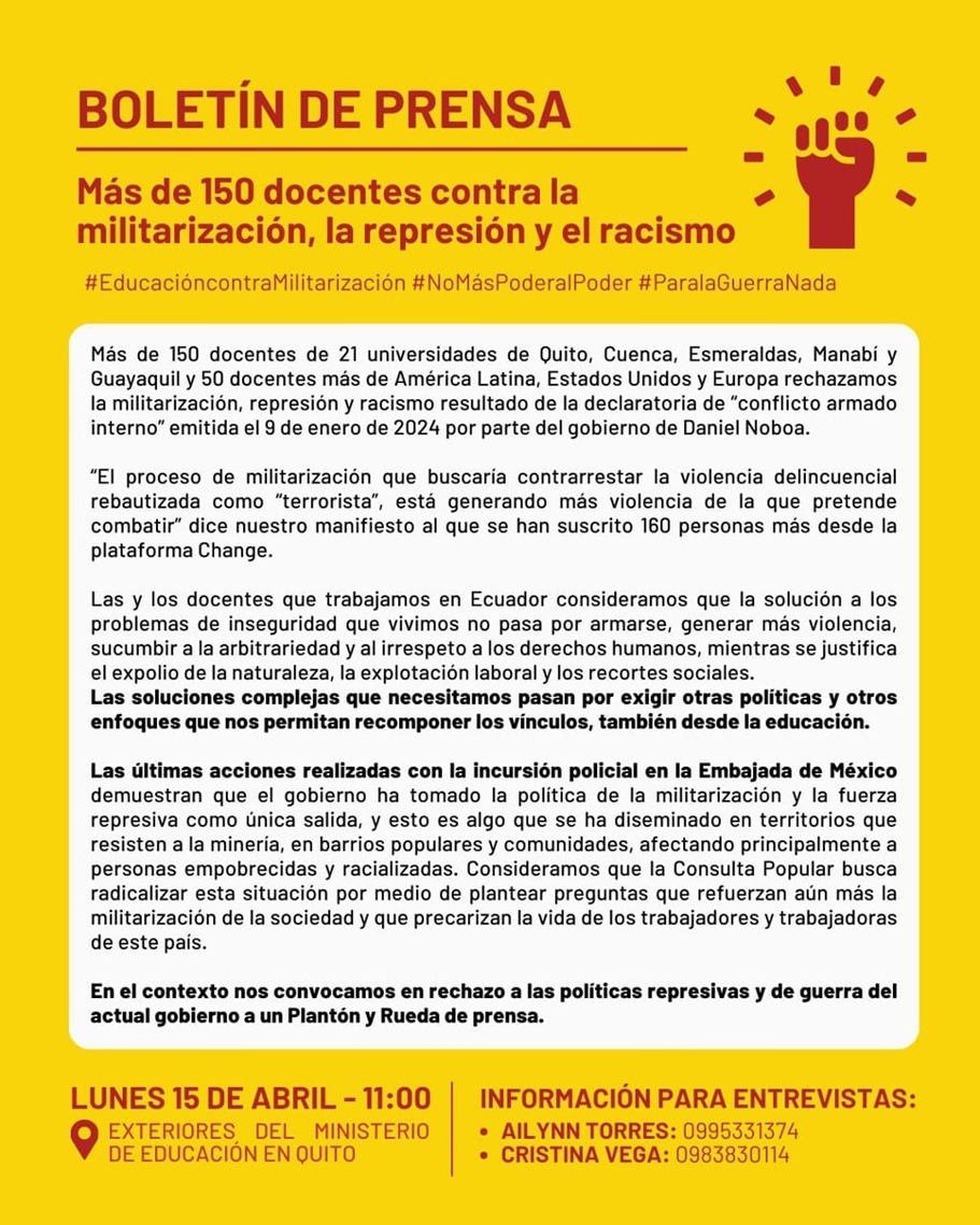 Más de 150 docentes de 21 universidades de Ecuador, América Latina, Estados Unidos y Europa firmaron un manifiesto contra la militarización, la represión y el racismo. Este lunes, 11 am, harán una rueda de prensa y plantón en los exteriores del Ministerio de Educación, Quito 👇