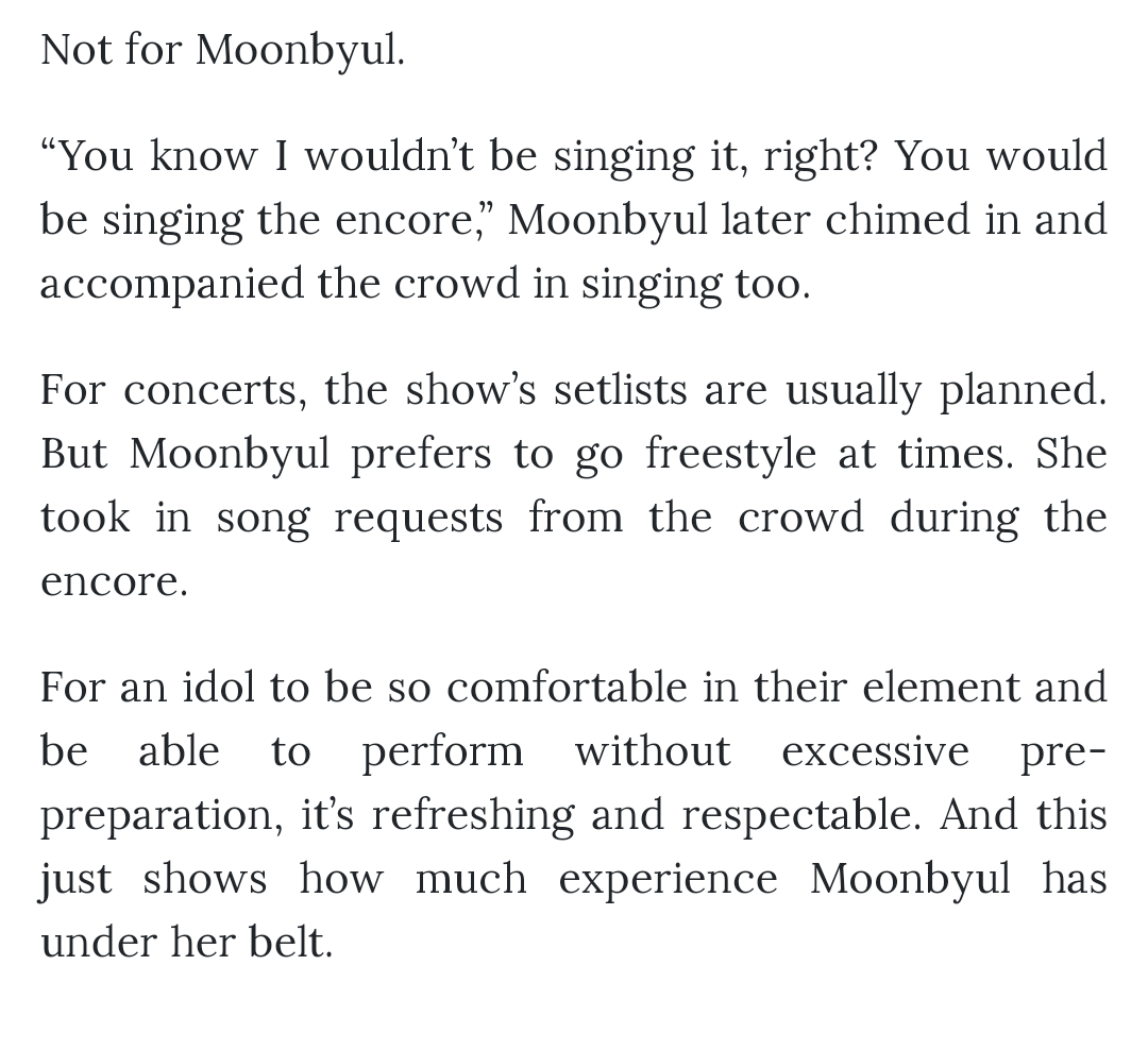 Ivett1222's tweet photo. Reading this review make it even more clear how unique and memorable Moonbyul's concerts are. Everything seems so free and unexpected for the usual stages for an artist

Her concerts are enthralling by how much she just flows as the perf go (mainly in encore/Byulraebang) https://t.co/ZhhRUD9ZyS