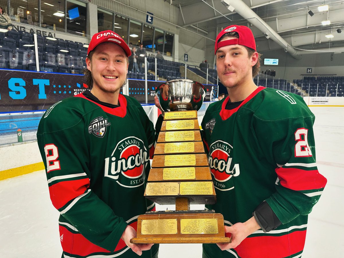 The Cornfield brothers Josh and Ryan with the Bill Weir championship trophy! #519Champions #LocalSports @GOJHL @stmlincolns
