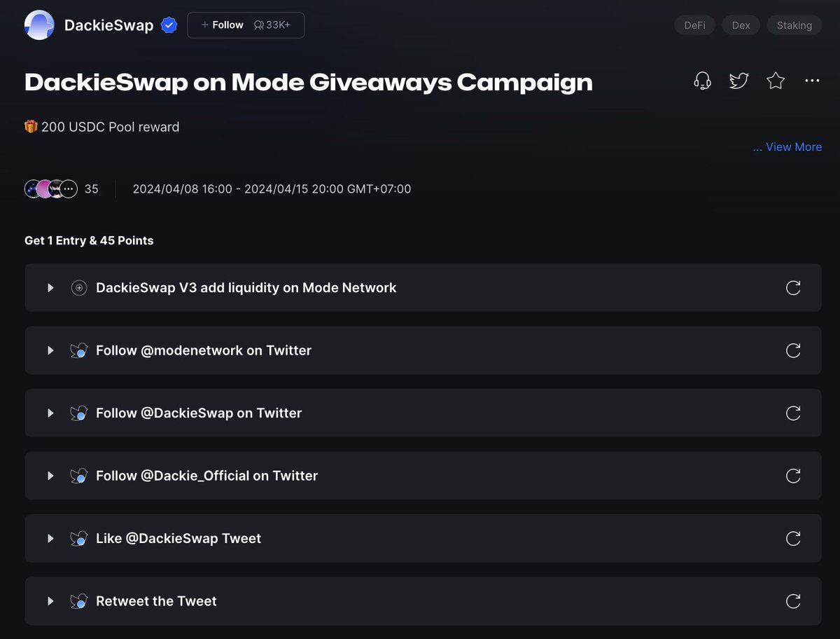 1 day left to share 200$ USDC reward pools by some task on DackieSwap | @modenetwork 👉 app.galxe.com/quest/DackieSw… And don't forget to use hashtag #DackieInviteCodeMode to share and earn more points with reference. 👉 dackieswap.xyz/leaderboard?ch… #giveaways