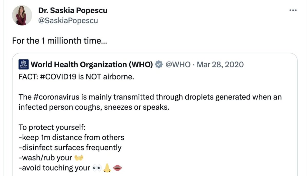 Bryce_Nickels's tweet photo. How many people were harmed by public health professionals spreading the WHO-sanctioned falsehood that COVID was not airborne?
Saskia Popescu was one of the public health professionals that spread this false information (see below). Her colleague Angela Rasmussen was another. https://t.co/NIJHZJQdkz