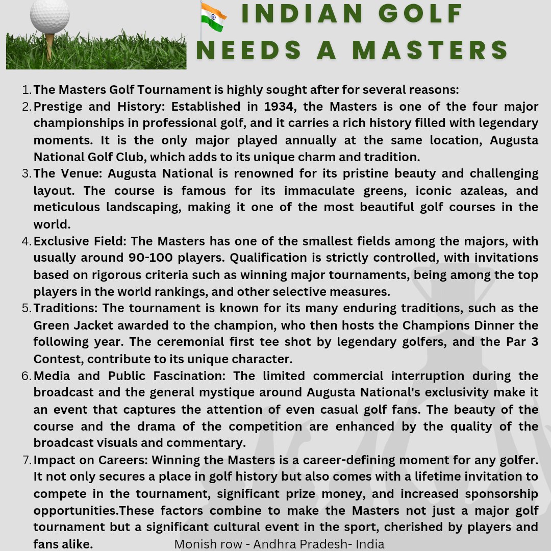 Indian Golf needs just One Masters!
@Teetimetalesra1 @TheJoyofGolf @wgaofindia @IndianGolfUnion @Deadsolidp @HTSportsNews @sudhirjourno @aditigolf @atreyom