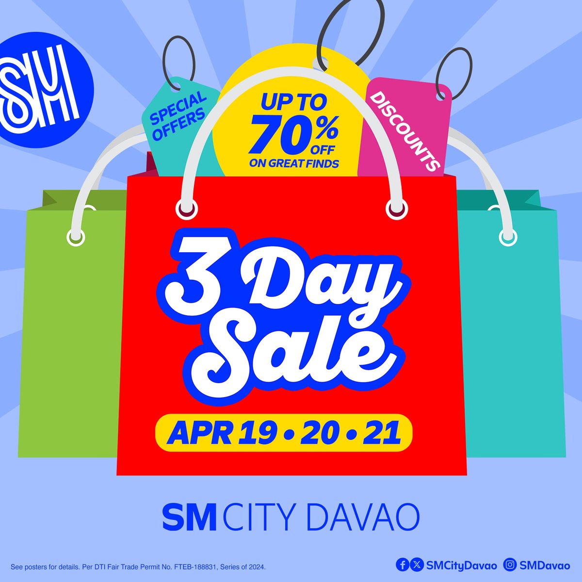 smcitydavao's tweet photo. The BIGEST SALE this SUMER is here! 🌞🙌🛍️

Get ready to shop for the hottest gift items and season must-haves and enjoy up to 70% off mallwide at the #SM3DaySale! 😱

All this and so much more only at SM City Davao! 🫰

#GetHypedatSM
#EverythingsHereAtSM https://t.co/eqJzH3RUlJ