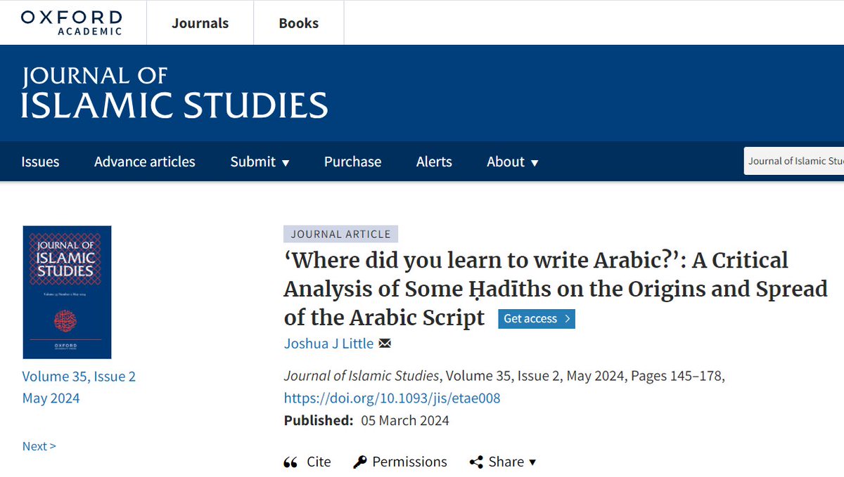 A new article of mine was recently published by the Journal of Islamic Studies: '‘Where did you learn to write Arabic?’: A Critical Analysis of Some Ḥadīths on the Origins and Spread of the Arabic Script'