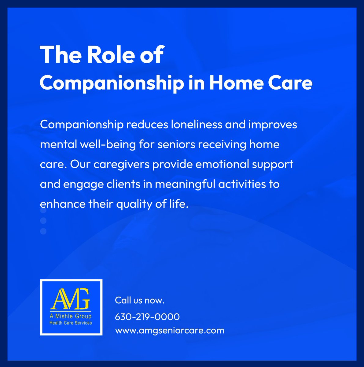 Discover the importance of companionship in home care. At AMG A Mishle Group Health Care Services, we prioritize building meaningful connections with our clients to promote emotional well-being and happiness.
 
#Companionship #HomeCare #BloomingdaleIL