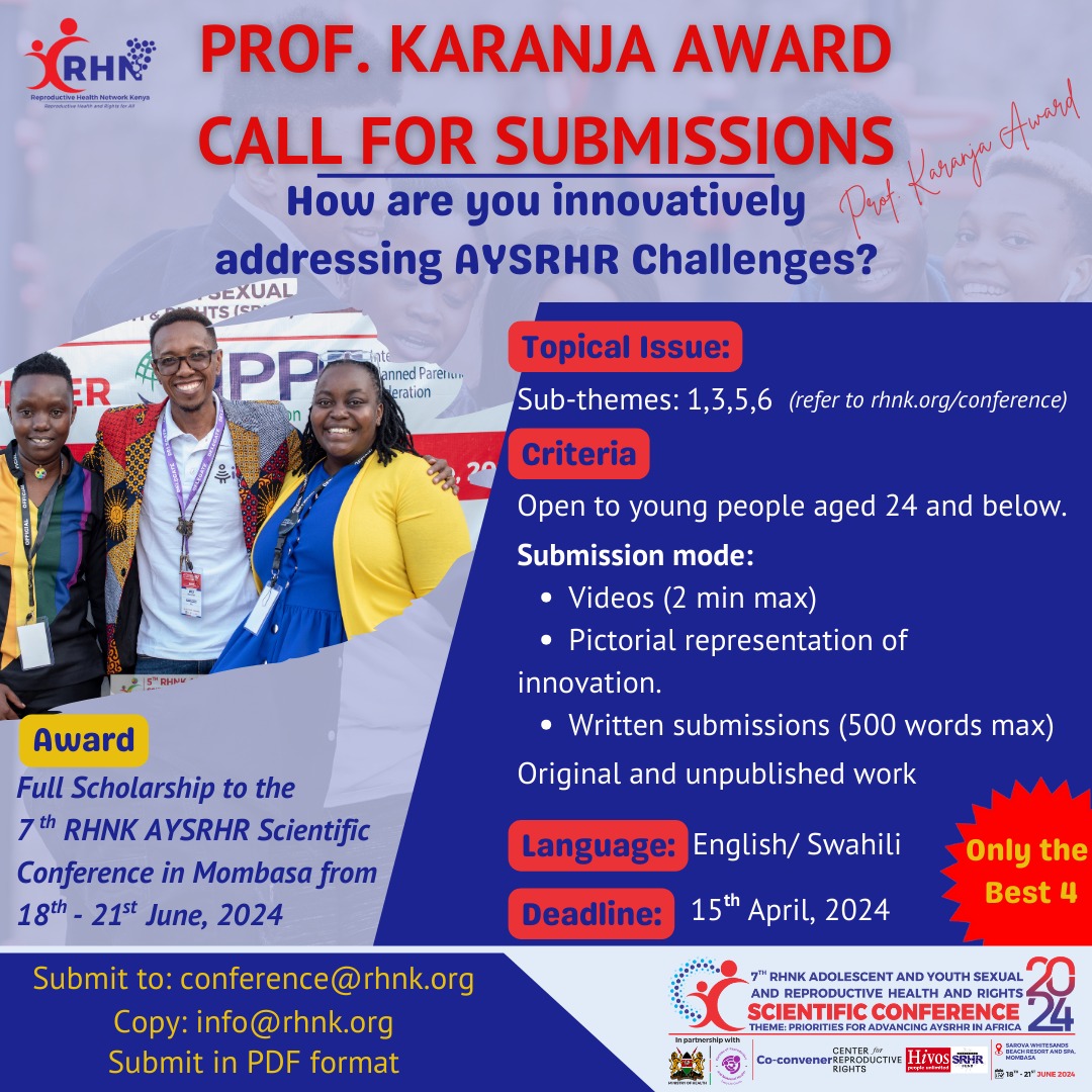 🚨 Today marks the abstract submission and competition deadline for #RHNKConference2024! Don't miss this opportunity to showcase your innovation and contribute to shaping the future of adolescent & youth sexual and reproductive health. Submit now! 📝 🔗:ops.rhnk.org/abstracts/new