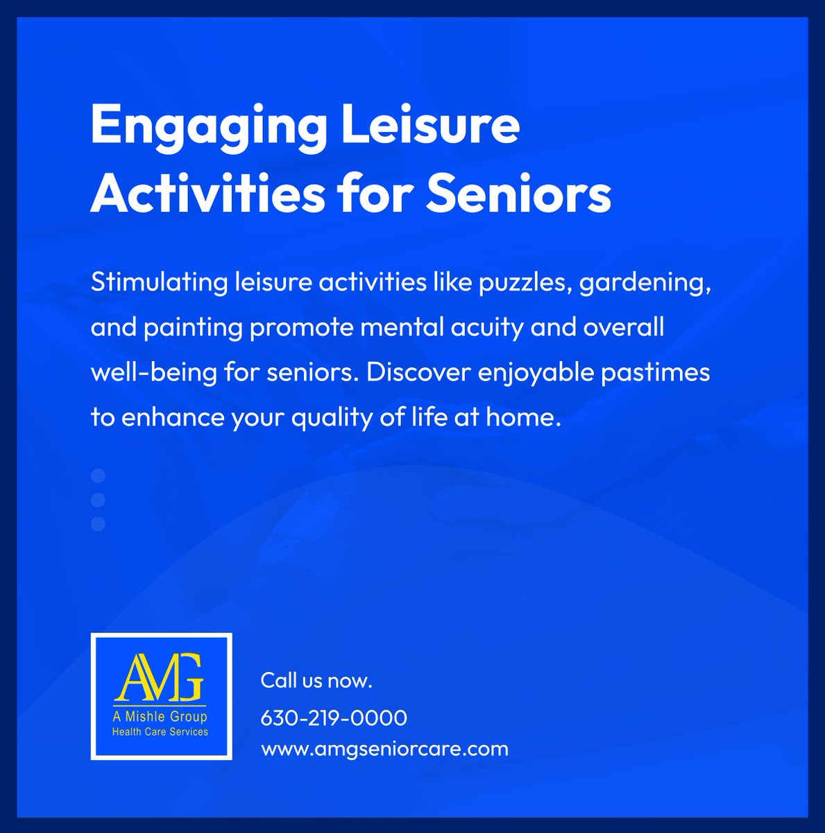 Explore fun and fulfilling leisure activities with AMG A Mishle Group Health Care Services. From puzzles to gardening, our caregivers encourage engaging pastimes to keep seniors active and happy. 

#LeisureActivities #HomeCare #BloomingdaleIL