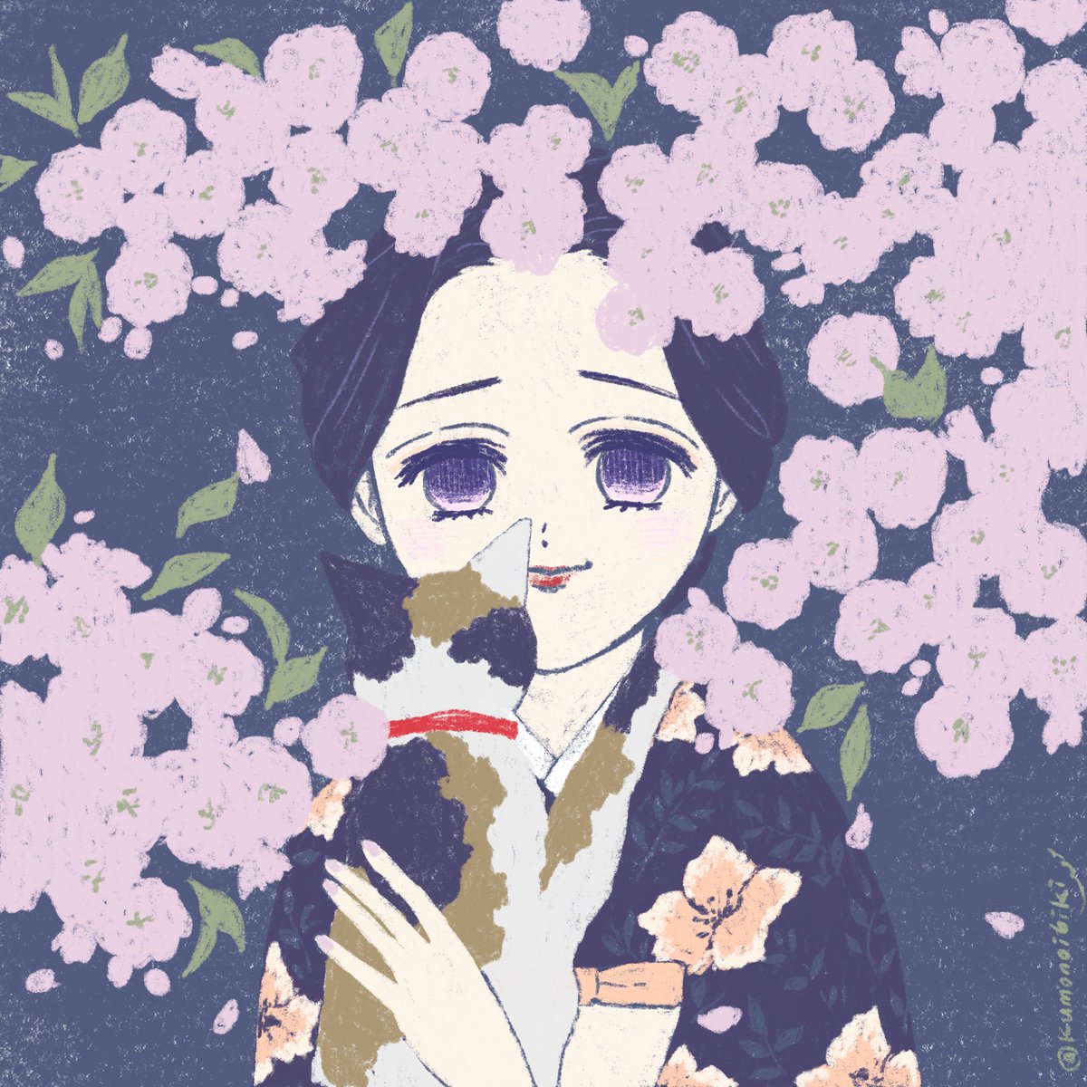 1girl solo looking at viewer smile black hair holding purple eyes  illustration images