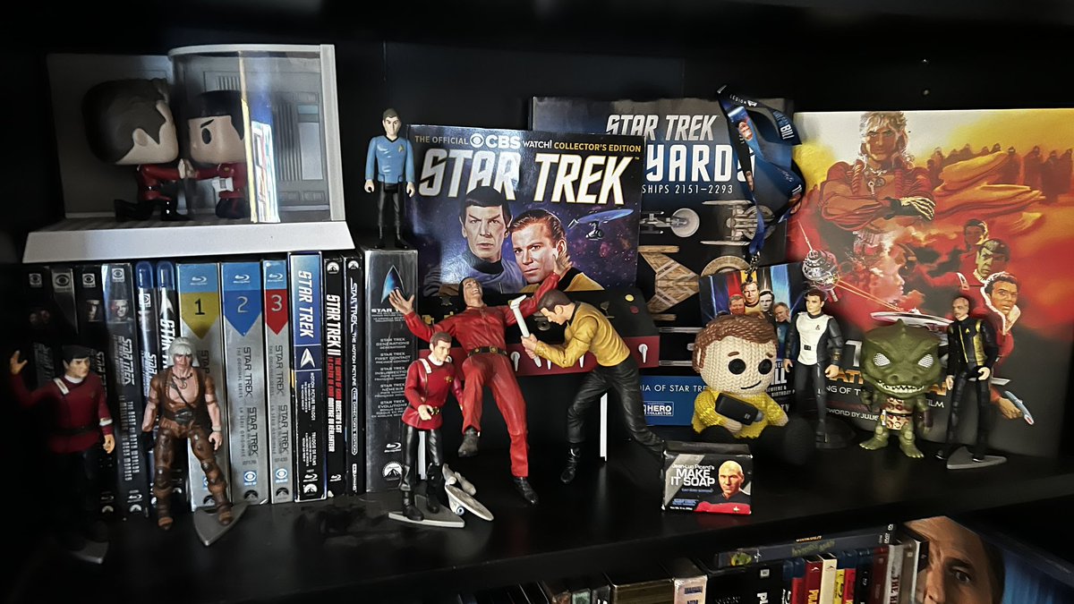 Well let’s see. (Please read this like Beetlejuice) I’ve seen every episode of every show. I can recite Star Trek 2 through 6 by heart. William Shatner is my hero. I petitioned the casting directors of Discovery to let me be on the show and this has been my shelf for years.