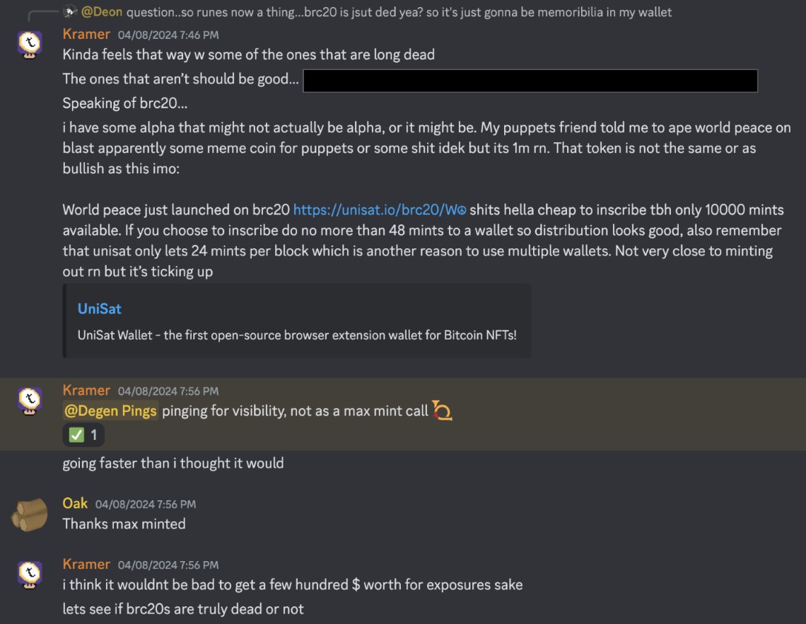 kramerscorner69's tweet photo. BRC20's: April 8th
World Peace ROI (1 mint for $10 to $1200 at current prices)

Kramers Corner has always been successful in noticing hot narratives and approaching metas. We recently minted World Peace due to the memability of puppets and the hype around pups migrating to runes. https://t.co/ym07RQHDYc