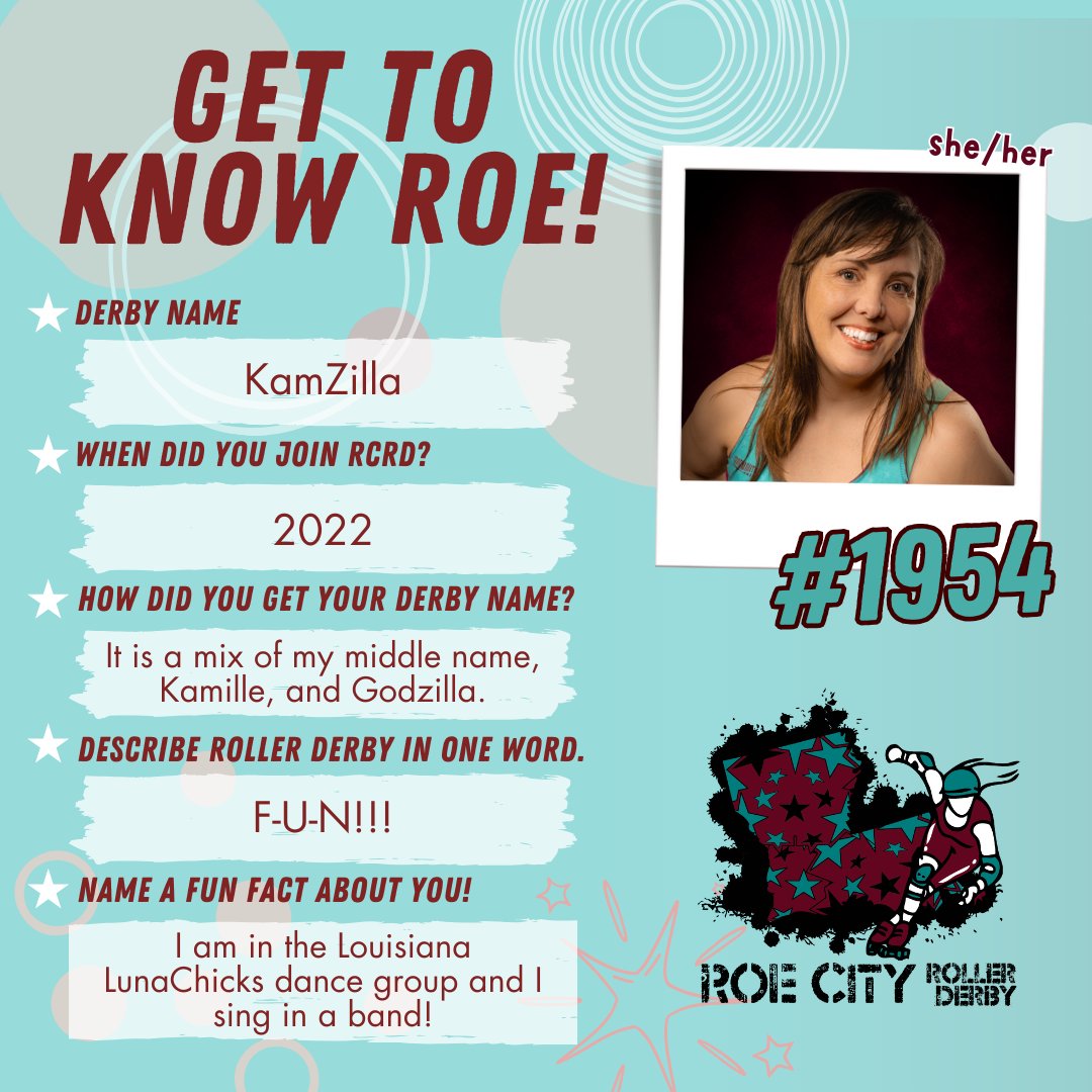 Our first bout on May 4 is coming up faster than we know it! Over the next few weeks, we will be introducing our rostered skaters and coaches, as well as our NSOs!!! 🛼🩵💜💪
The next person we are introducing is KamZilla!

#RCRD #RoeCity #RoeCityRollerDerby #RoeCityRollers