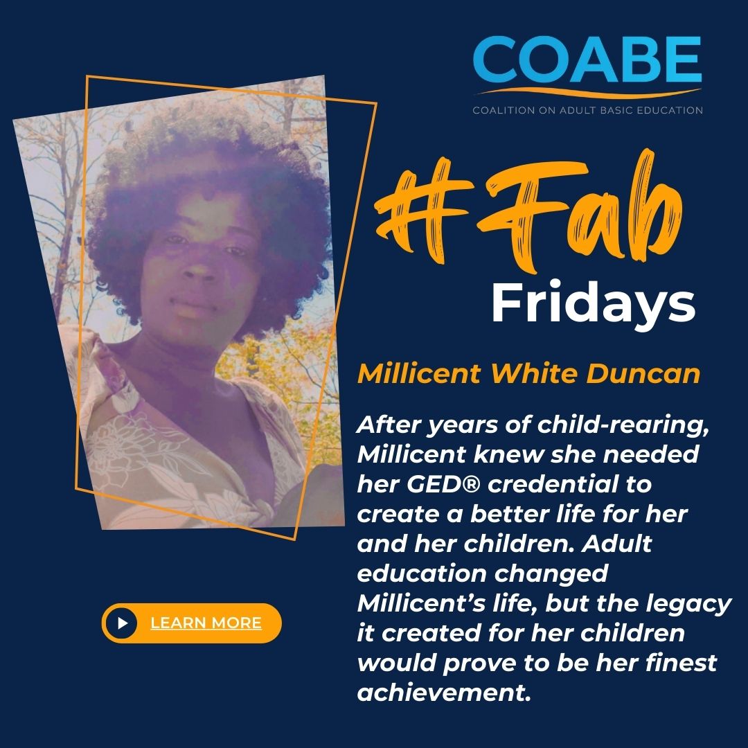It's #FabFriday! This week we highlight Millicent White Duncan. Click to read her full success story!

tinyurl.com/yauhzv8x

#AdultLearnerSuccess #AdultEducationMatters #AdultEducation #EducateAndElevate