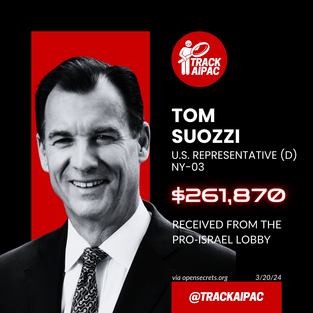 @RepTomSuozzi AIPAC Rep. Tom Suozzi has received >$260,000 from the Israel lobby. He is paid to copy and paste one-liners from his AIPAC memo and turn a blind eye on genocide. #NY03 #RejectAIPAC
