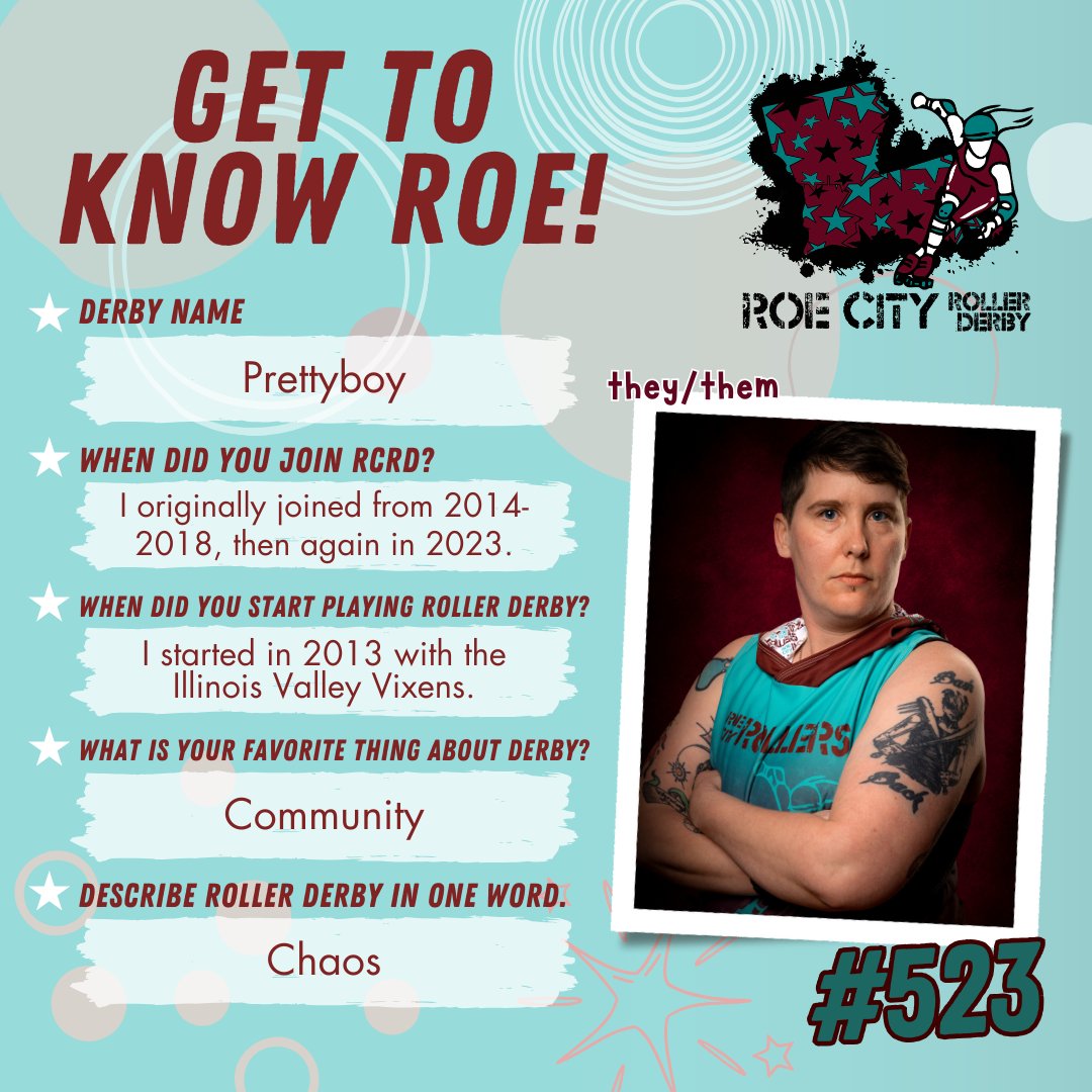 Our first bout on May 4 is coming up faster than we know it! Over the next few weeks, we will be introducing our rostered skaters and coaches, as well as our NSOs!!! 🛼🩵💜💪
The next person we are introducing is Prettyboy!

#RCRD #RoeCityRollerDerby #RoeCityRollers #RCR