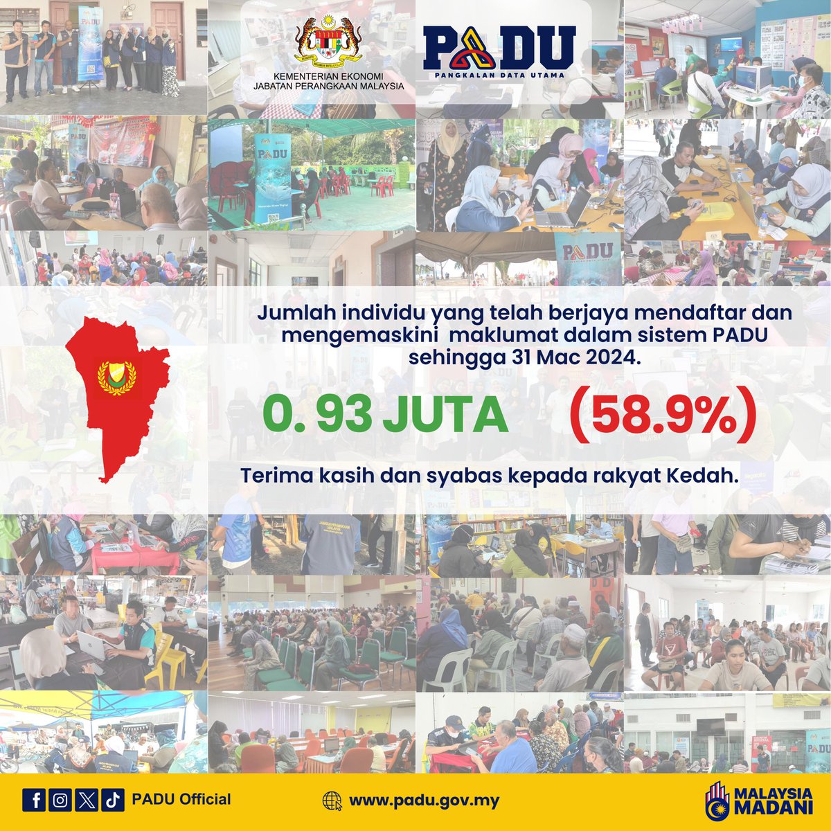 Setinggi - tinggi ucapan terima kasih kepada semua petugas PADU dan pihak yang terlibat secara langsung atau tidak langsung dalam menjayakan pelaksanaan PADU di Kedah yang telah bermula daripada 2 Januari 2024 sehingga 31 Mac 2024.