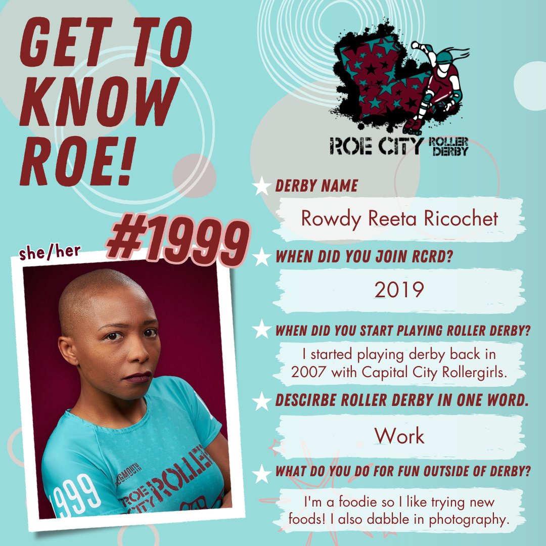 Our first bout on May 4 is coming up faster than we know it! Over the next few weeks, we will be introducing our rostered skaters and coaches, as well as our NSOs!!! 🛼🩵💜💪
The next person we are introducing is Rowdy Reeta Richochet!

#RCRD #RoeCity #RoeCityRollerDerby