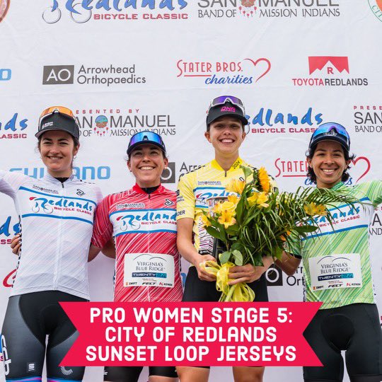 Our Stage 5 Sunset Loop Women’s Jerseys! 🟡🟡 Nadia Gontova ( @DNA_K4 ) 🔴🔴 Emma Langley ( @TeamTWENTY24 ) 🟢🟢 Marlies Mejias ( @TeamTWENTY24 ) ⚪️⚪️ Cecile Lejeune ( CCB Women’s Cycling ) #RedlandsClassic #RedlandsClassic24