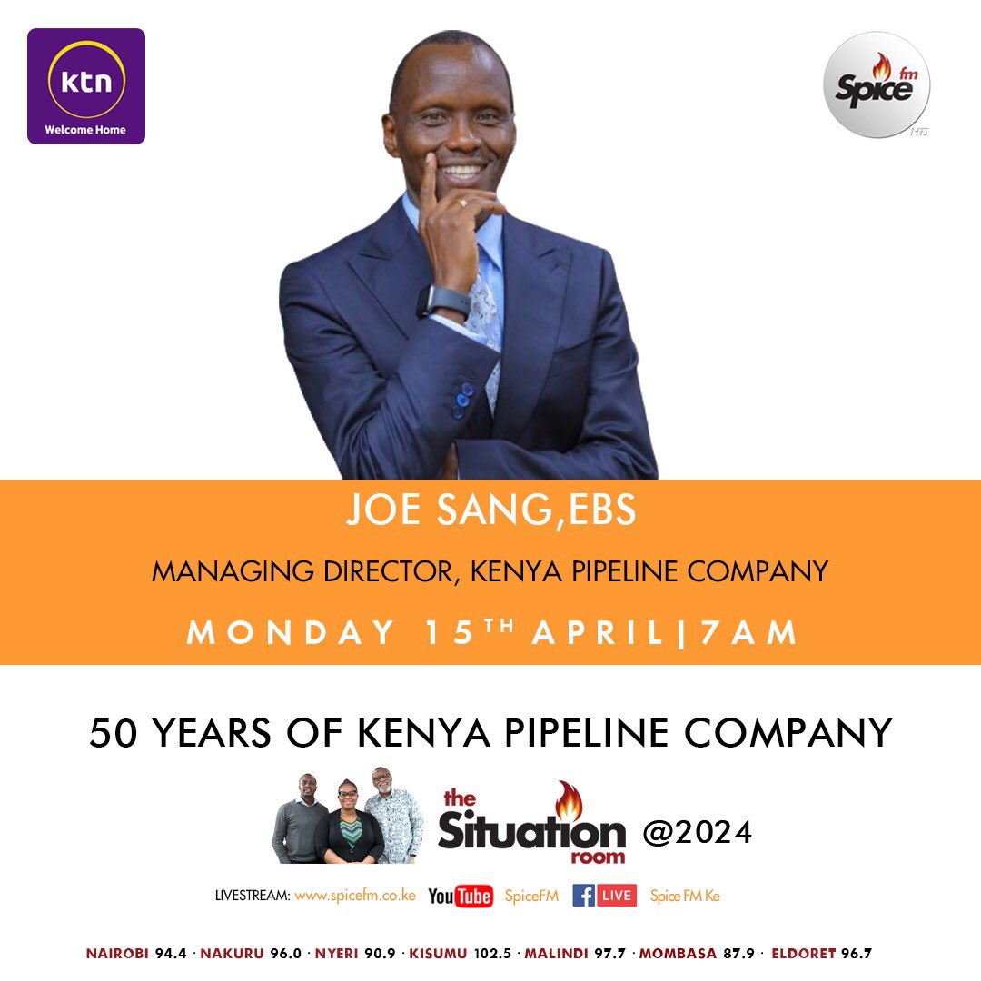 50 years of Kenya Pipeline Company. 7-8am with MD Joe Sang. Livestream: youtube.com/live/lDYEX34re… #TheSituationRoom .@kenyapipeline