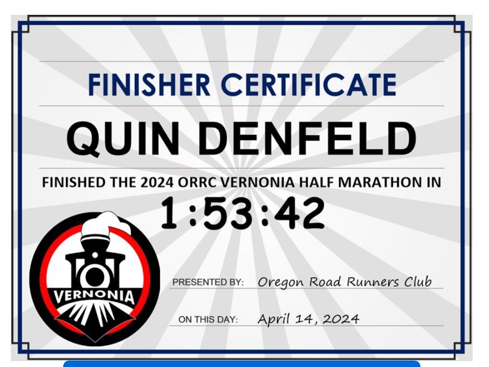 First 1/2 marathon in 9 years and a PR to boot! Thank you Oregon Road Runners Club for a fantastic race!!