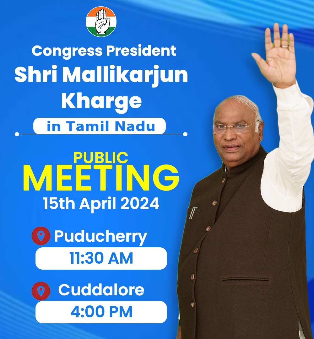 Congress President Shri @kharge will visit Tamil Nadu today, where he will attend public rallies in Puducherry and Cuddalore.

Stay tuned to our social media handles for live updates.
 
📺 twitter.com/INCIndia
 
📺 facebook.com/IndianNational…
 
📺 youtube.com/user/indiacong…