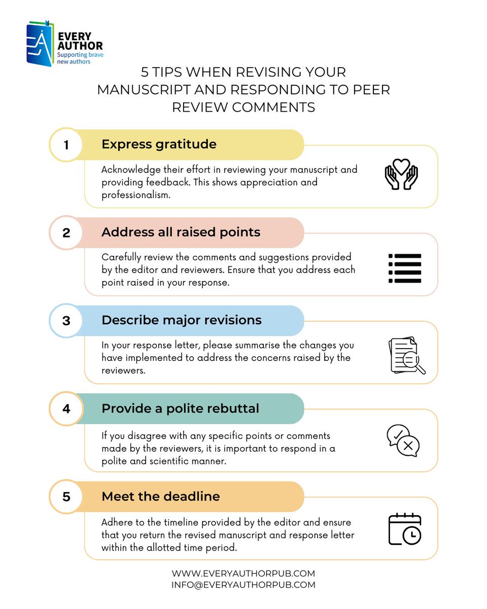 💡 5 tips to keep in mind when revising your manuscript and responding to peer review comments.

#EveryAuthor #PeerReview #ManuscriptRevisions #PeerReview #AcademicPublishing #ResearchWriting #ScholarlyCommunication #ScientificWriting #ResearchProcess #PublicationProcess