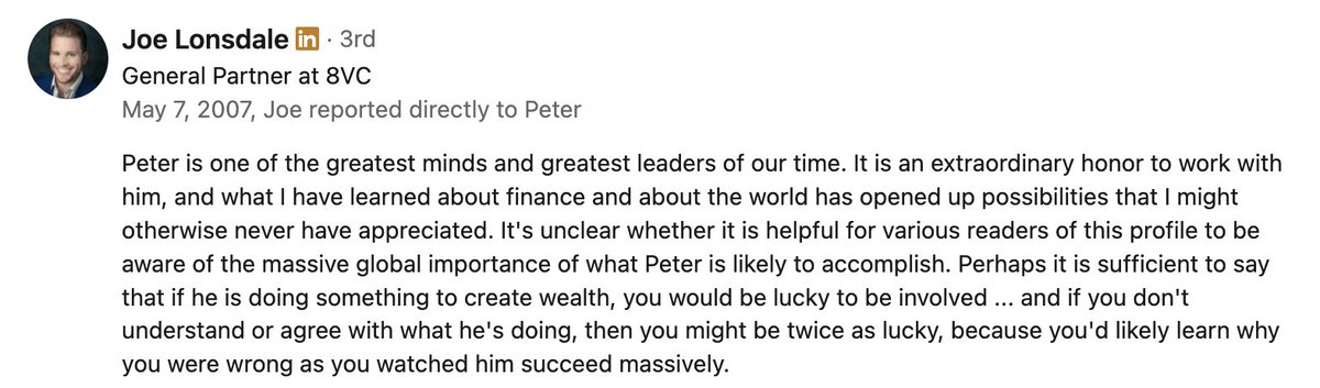 Incredible @JTLonsdale wrote this about Peter Thiel in 2007. - Before Facebook's IPO. - Before @thielfellowship. - $PLTR was just 4 years old. - @foundersfund was just 2 years old.