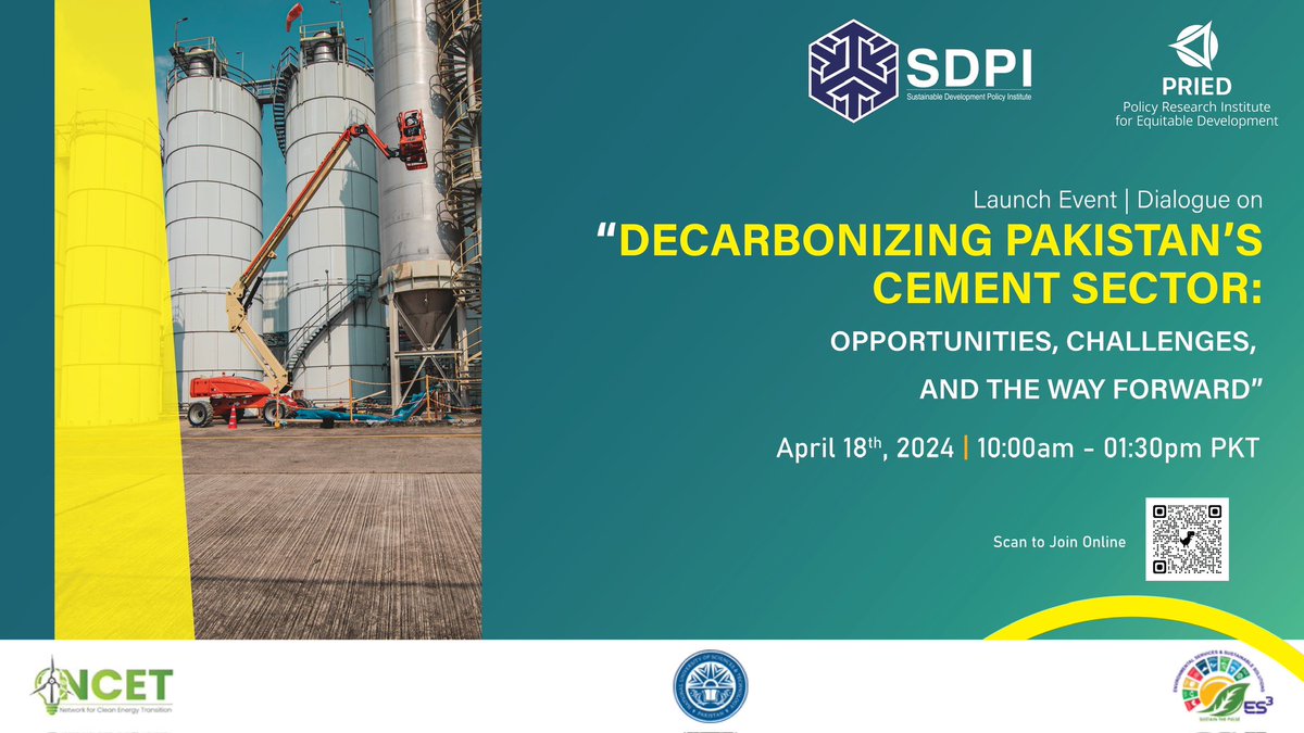 Exciting News! SDPI under the @NCET_Pak is launching an event of groundbreaking studies by SDPI & @Pried_org on 'Decarbonizing Pakistan’s Cement Sector: Opportunities, Challenges, and the Way Forward.' 📅 April 18, 2024 🕙 10:00 AM - 1:30 PM 🔗 bit.ly/3vVvGQb Let's…