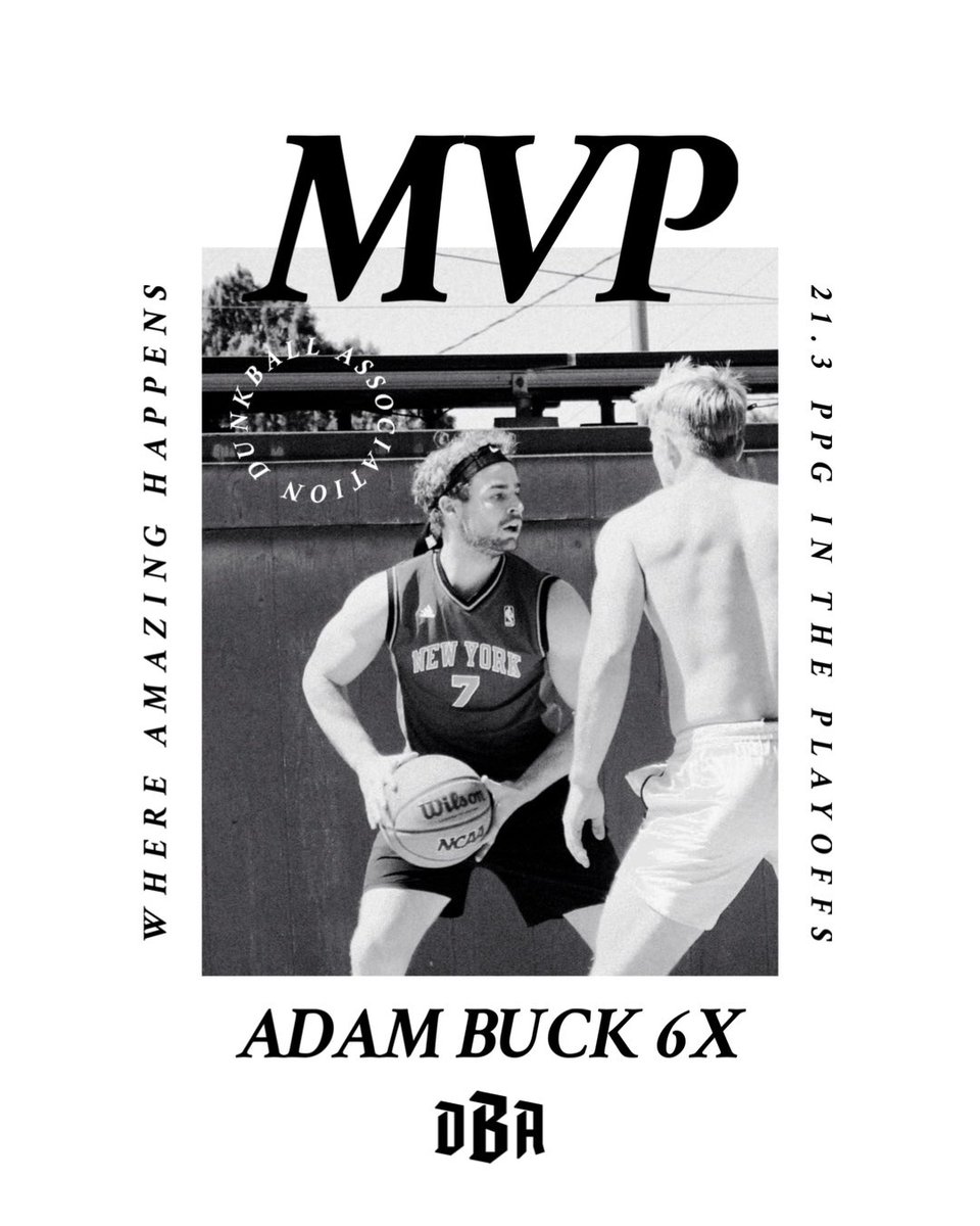 dunkballassoc's tweet photo. Adam Buck is your 2024 DBA Most Valuable Player and Finals MVP 🏀

Adam led his team of DBA veterans to the finals victory. He averaged 21.3 pts in the playoffs including 26 pts in the finals. Adam adds a 6th championship and 6th MVP to his GOAT resume 🐐 https://t.co/fZVzO0lwqy