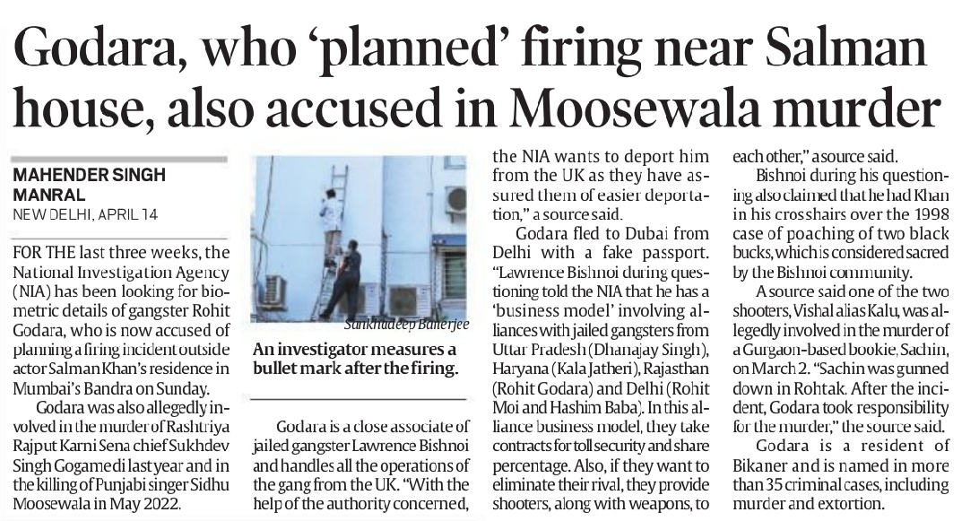 The NIA has been looking for biometric details of gangster Rohit Godara, who is now accused of planning a firing incident outside actor #Salman Khan’s residence. He was involved in the murder of Rashtriya Rajput Karni Sena chief Sukhdev Singh Gogamedi. indianexpress.com/article/india/…