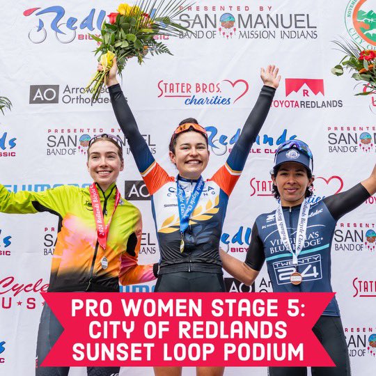 Women’s Stage 5 Sunset Loop Podium 🥇 Mara Roldan ( Cynisca Cycling ) 🥈 Jenaya Francis ( Tag Cycling ) 🥉 Marlies Mejia ( @TeamTWENTY24 ) #RedlandsClassic #RedlandsClassic24