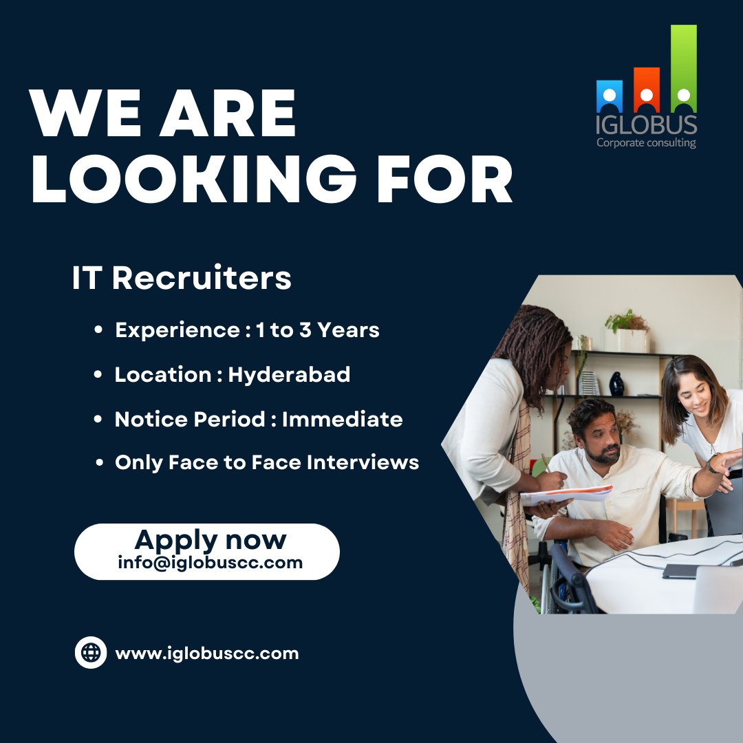 We are looking for IT Recruiter's
Experience : 1 to 3 Years
Location: Hyderabad
Contact us: 8464848389
*Immediate Joiner's Only
If Interested,
Drop your CV: -info@iglobuscc.com
Our website:-www.iglobuscc.com
Regards,
IGLOBUS

#itrecruitment #c2h #fulltime #wearehiring