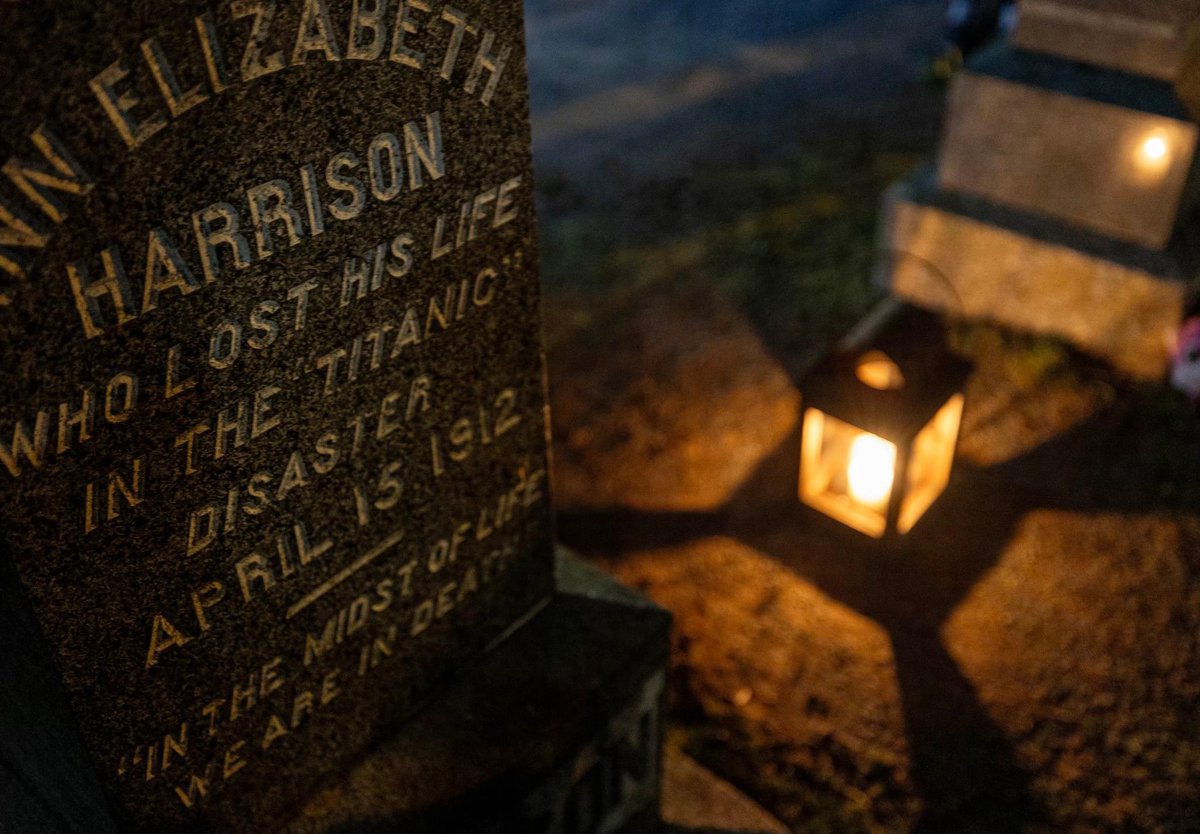 Members of the Titanic Society of Atlantic Canada gather at the Fairview Lawn Cemetery late Sunday April 14th, 2024. The service marked the hour the ship hit an iceberg on April 14th, 1912. The sounds of Anthony Rissesco's fiddle could be heard #titanic #halifax #novascotia