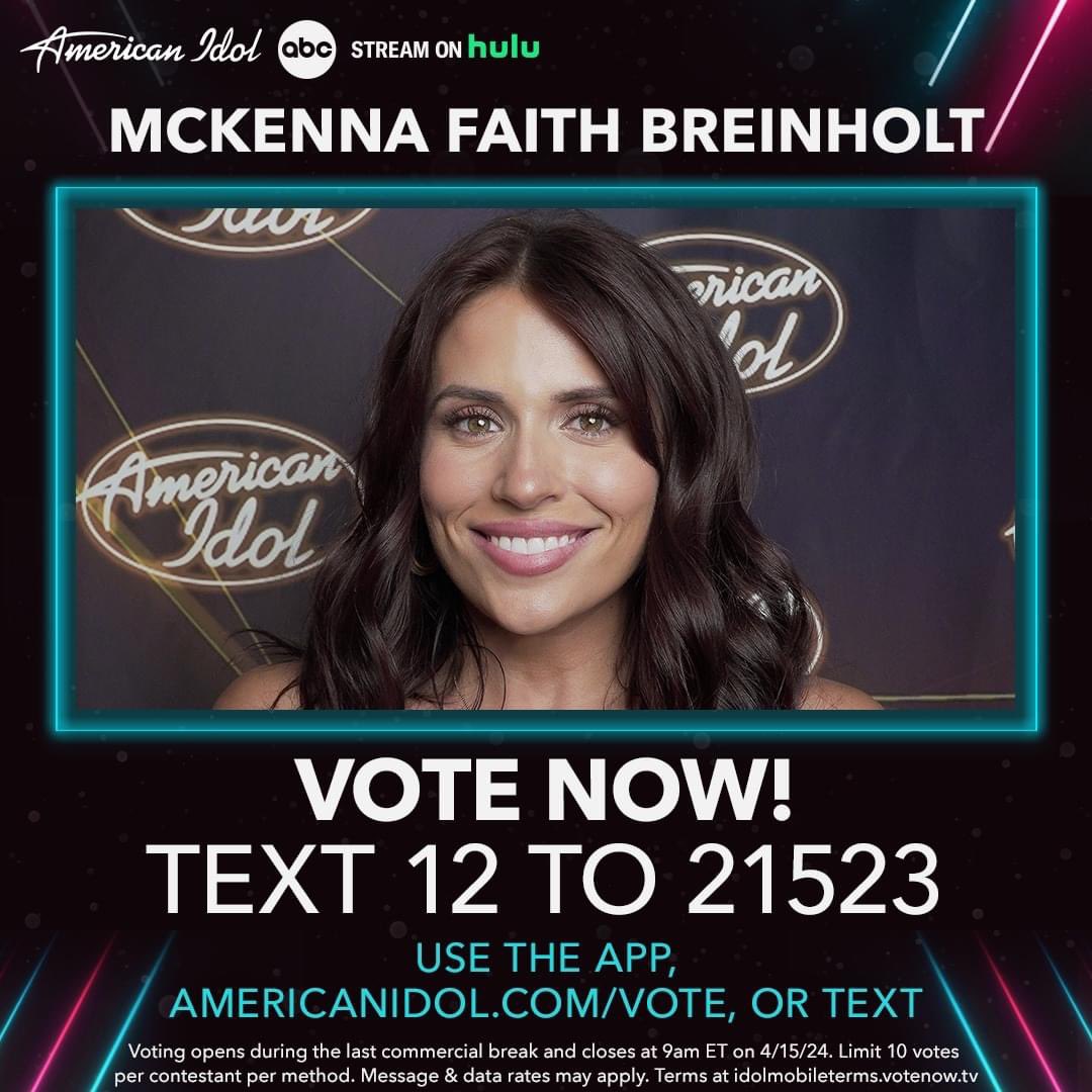 Taking a break to watch American Idol. Send lots of votes to #McKennaFaithBreinholt to help her make #AmericanIdol #Top14!