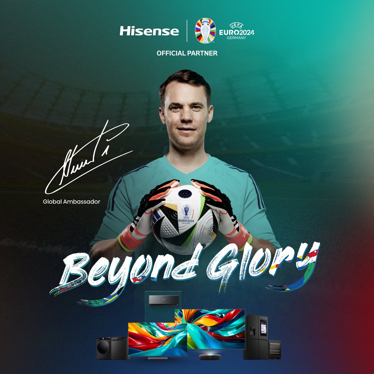 Hisense is pleased to welcome goalkeeping legend @Manuel_Neuer as our global ambassador for the ‘BEYOND GLORY’ UEFA EURO 2024™ campaign, marking a new era of excellence in sports and technology. 🏆⚽ #Hisense #BeyondGlory #EURO2024 #ManuelNeuer #HisenseQuality