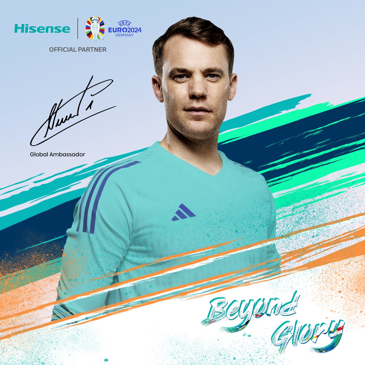 🔥 Big News! 🔥 Welcome @Manuel_Neuer as our EURO 2024™ 'BEYOND GLORY' global ambassador! ⚽ Proudly teaming up with Manuel. 🌍 #Hisense #BeyondGlory #EURO2024 #ManuelNeuer #QualityTech