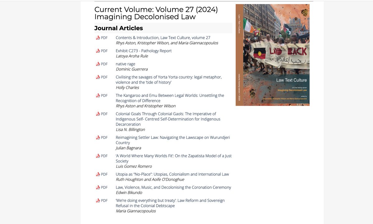 Such a privilege to work with @DrRhysAston and Dr Kris Wilson on this special issue of @law_text on 'Imagining Decolonising Law'. With big thanks to @luisenantipoda and the entire editorial board for their steadfast support of our vision. Read here ro.uow.edu.au/ltc/